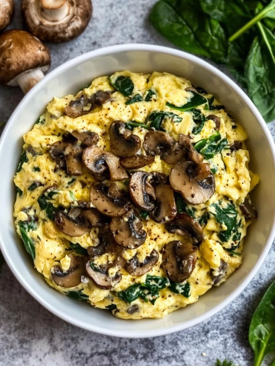 10-Minute Mushroom Spinach Scrambled Eggs (High-Protein)