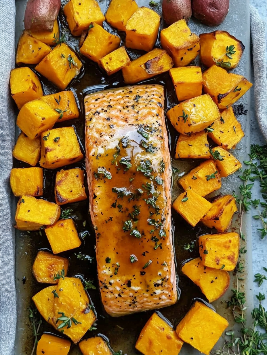 Sheet Pan Maple Dijon Glazed Salmon with Sweet Potatoes