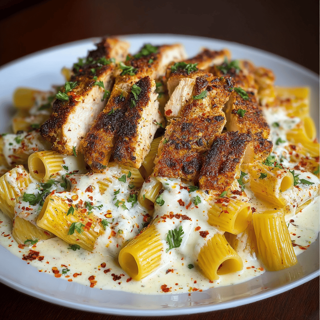Cheesy Garlic Butter Chicken Bites with Rigatoni in Alfredo Sauce