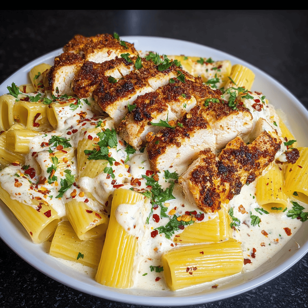 Cheesy Garlic Butter Chicken Bites with Rigatoni in Alfredo Sauce